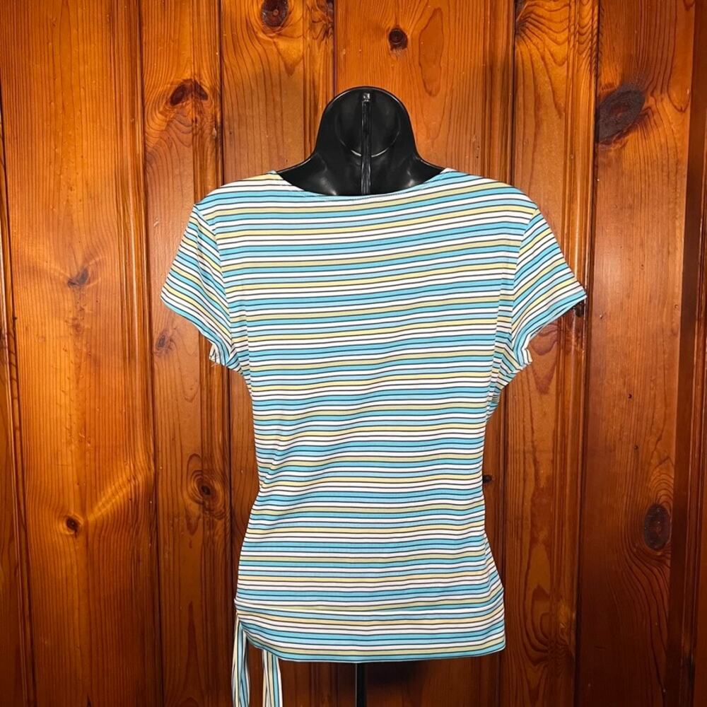 Vanity L Y2K Wrap Top Blue Striped Fitted Short Sleeve 2000s - Picture 2 of 7